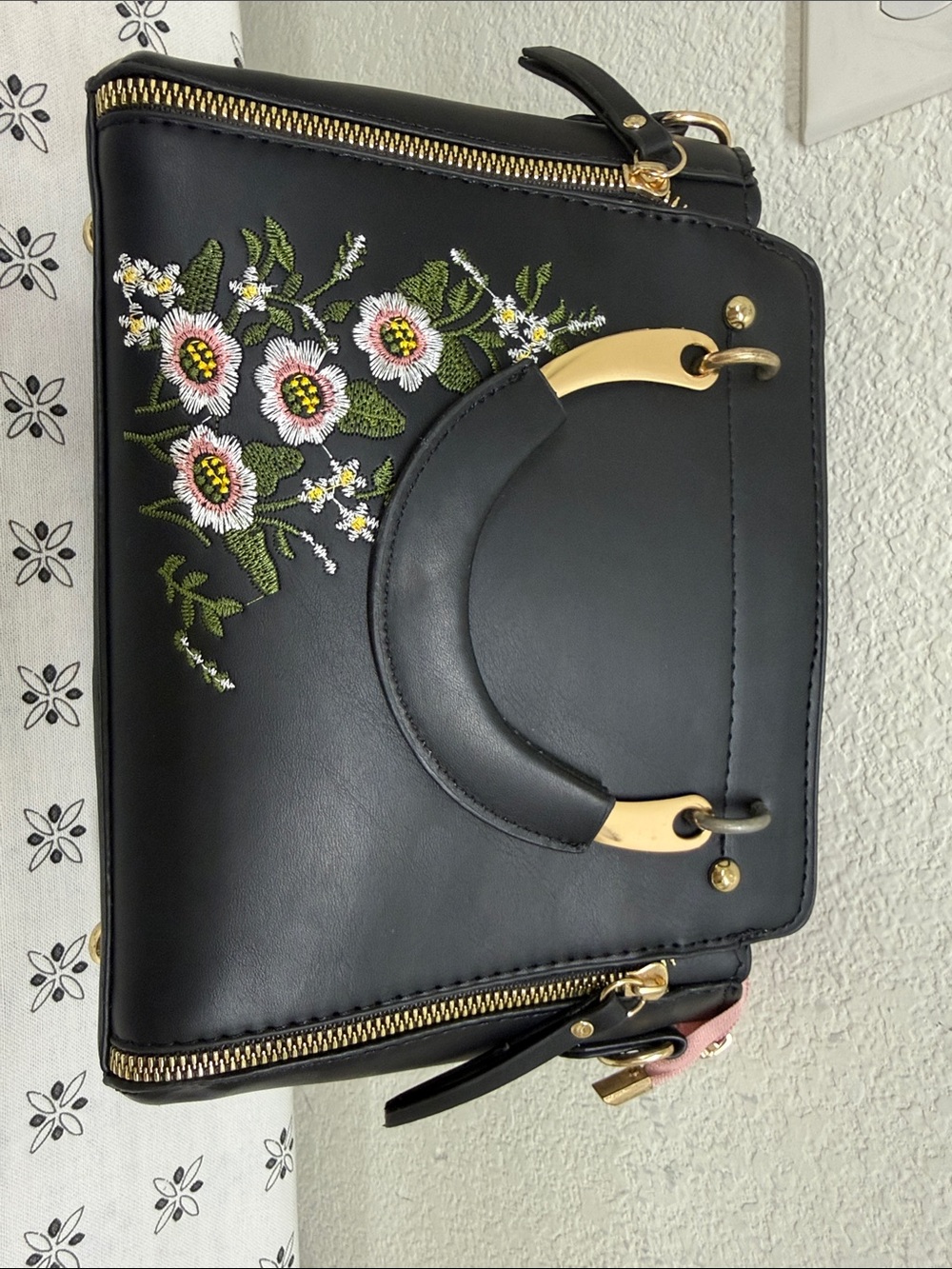 Black Embroidered Floral Satchel with Gold Hardware